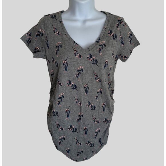 Motherhood Maternity Size Small NWT Gray Floral Ruched V-Neck T-Shirt - Picture 3 of 10
